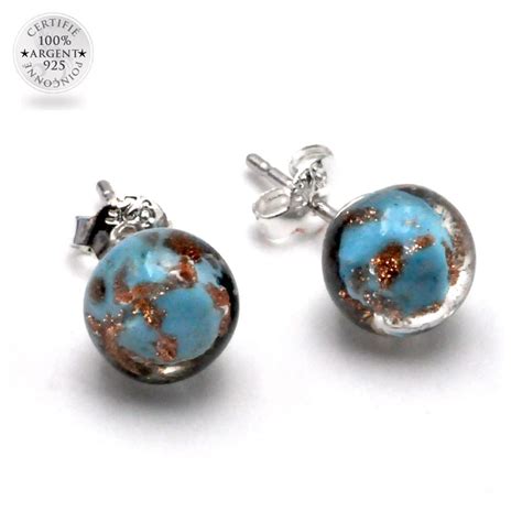 Boucles D Oreilles Clou Bleu Turquoise Et Aventurine En Veritable Verre