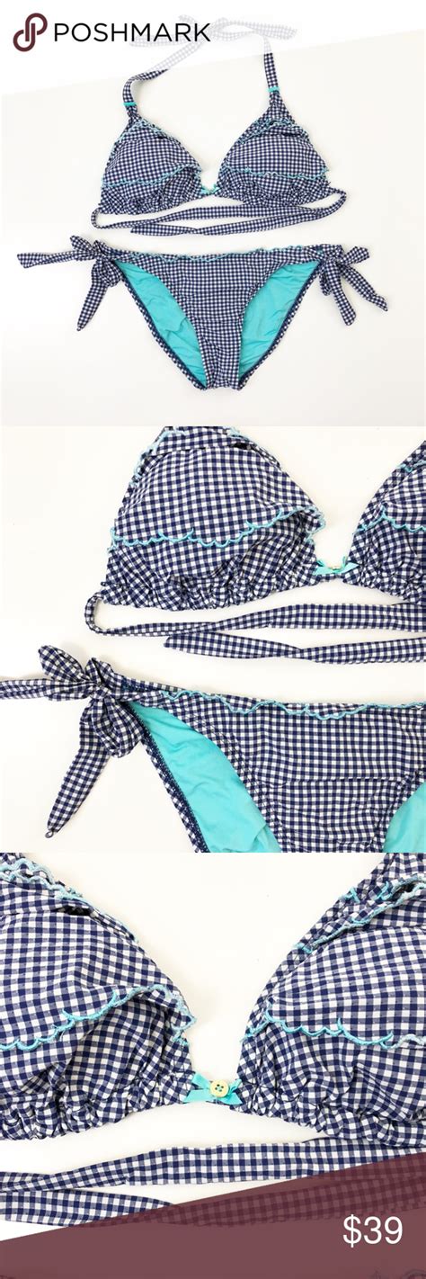 Betsey Johnson Blue Gingham Ruffle Bikini Set Ruffled Bikini Betsey