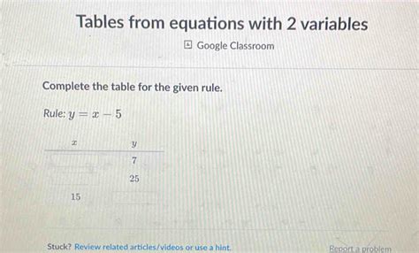 Solved Tables From Equations With Variables Google Classroom