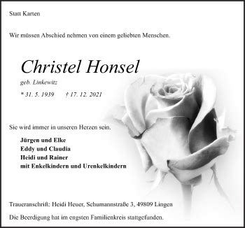 Traueranzeigen Von Christel Honsel Noz Trauerportal