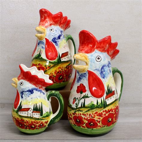 Brocca Gallo In Ceramica Decorata A Mano Paesaggio Papaveri