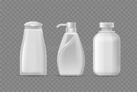 Set Of Three White Shampoo Bottles With Different Designs And Caps