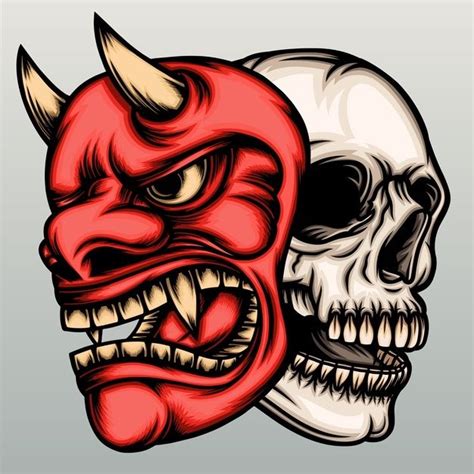 Premium Vector Skull Head With Hannya Mask In Hand Drawn How To