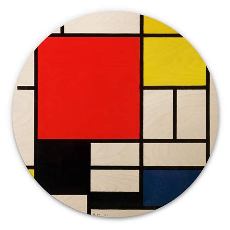 Wandcirkel Hout Mondriaan Compositie Met Rood Geel Blauw En Zwart