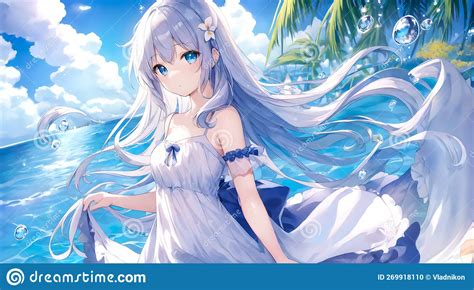 Anime Japanese Girl Big Blue Eyes On Sea Stock Illustration Illustration Of Style Smile