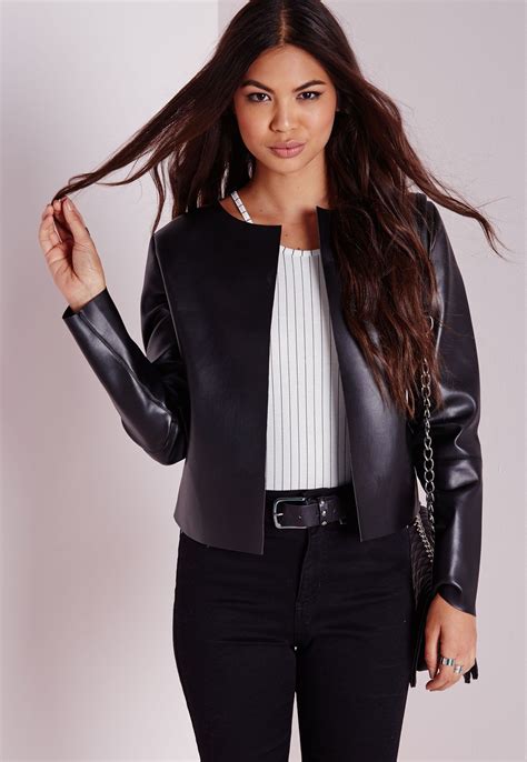 Collarless Faux Leather Jacket Black Coats And Jackets Faux Leather Jackets Missguided