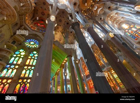 Innenansicht Deckengew Lbe Sagrada Familia Barcelona Spanien Stock