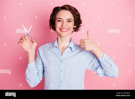 Photo Of Attractive Overjoyed Excited Lady Hold Professional Scissors