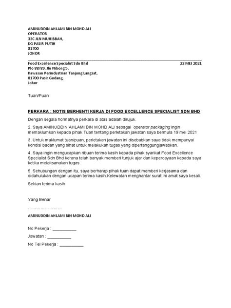 Contoh Surat Resign Sebulan Pdf