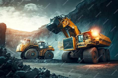 Premium Photo Coal Quarry Mining Work Of Excavator And Dump Trucks At