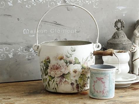 Decoupaged White Metal Bucket, White Floral Enamel Can, Large Decorated ...