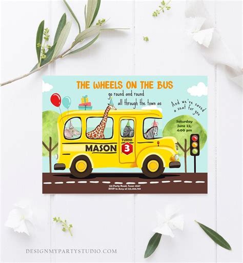 Editable Wheels On The Bus Birthday Invitation Bus Party Etsy Canada