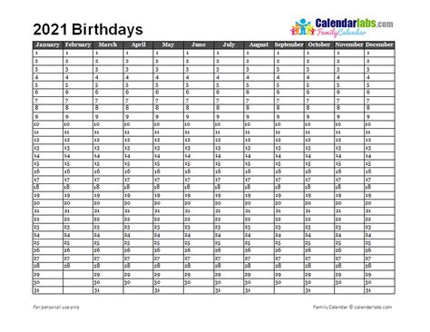 2021 Birthday Calendar Template Free Printable Templates