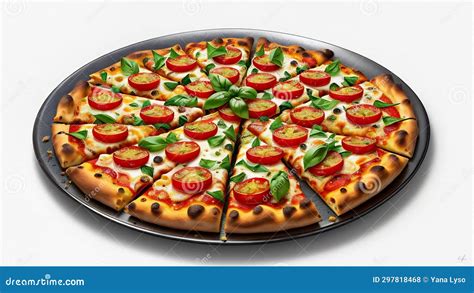 Sliced Large Pizza With Vibrant Tomato Cheese Ketchup And Green Basil Toppings On Black Plate