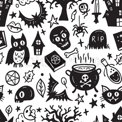 Monochrome Seamless Pattern Of Horror Halloween Hand Drawn Doodle