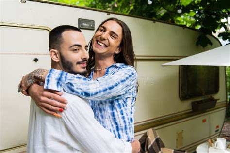 Happy Tattooed Gay Man Hugging Cheerful Stock Image Image Of