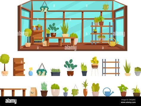 Greenhouse Interior Icons Set Cartoon Vector Plant Shelves Tree Flower Orangery Stock Vector