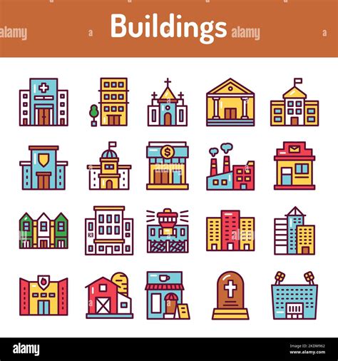 Building Color Line Icons Set Isolated Vector Element Stock Vector