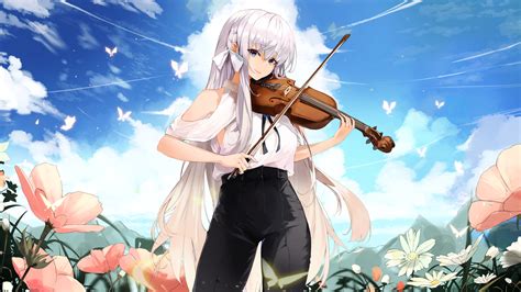 Download Blue Eyes Flower White Hair Long Hair Instrument Violin Anime