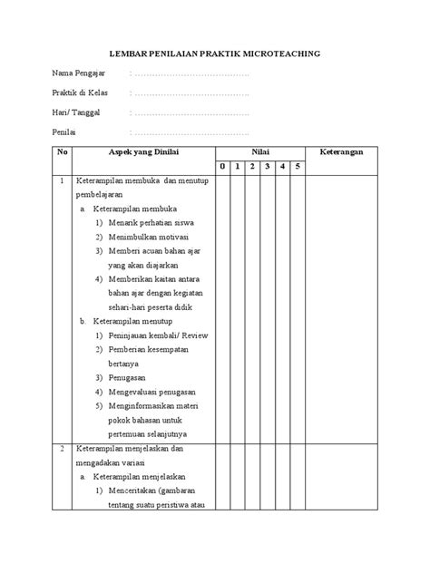 Lembar Penilaian Praktik Micro Teaching Pdf