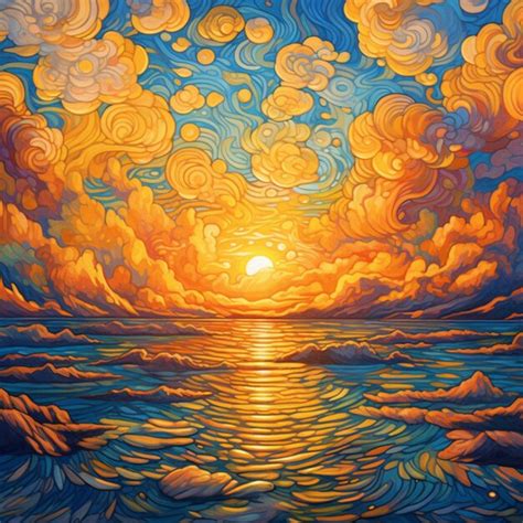 Premium AI Image | Painting of a sunset over the ocean with clouds and ...