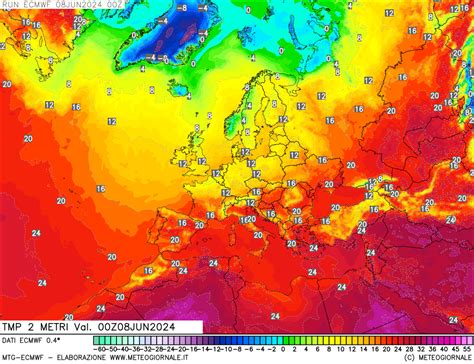 Modello Meteo ECMWF 0P4 Focus Euro Atlantico Mappa Temp 2 Metri