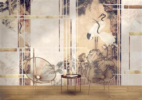 CRANE WALLPAPER, Landscape Wall MURAL, Japanese Wallpaper, Wallpaper With Birds, Heron Vinyl ...