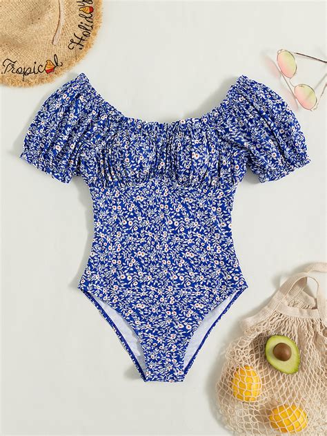 Ditsy Floral Print Ruched Bust One Piece Swimsuit Shein Usa