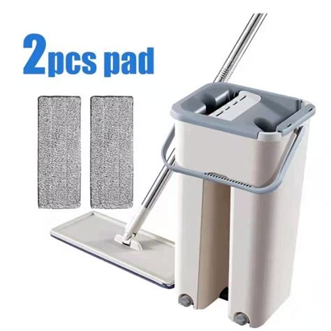 2 In 1 Self Wash Squeeze Dry Flat Mop Bucket Tool Kit With 2 Pcs Cloth