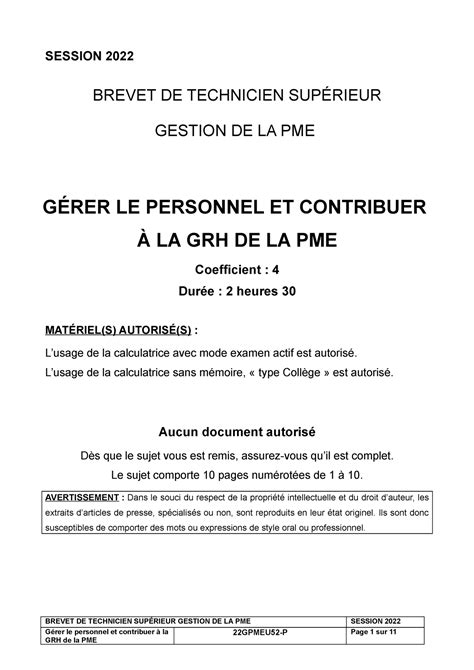 Bts Gpme E Sujet Met Session Brevet De Technicien