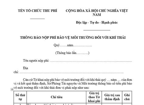 Mẫu thông báo nộp phí bảo vệ môi trường đối với khí thải áp dụng từ 5 1