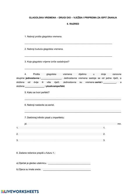 Glagolska Vremena Drugi Dio 6 Razred Worksheet Worksheets