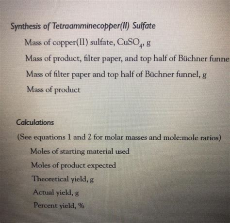 Solved Synthesis Of Tetraamminecopper Ii Sulfate Mass Of