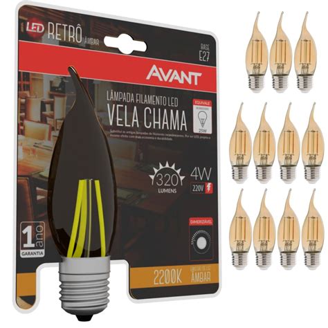 12 Lâmpada Led Vela Chama 4w Retrô 220v Avant Dimer Submarino