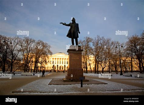 Russia, St. Petersburg; A sculpture of Russian Poet Alexander Pushkin ...