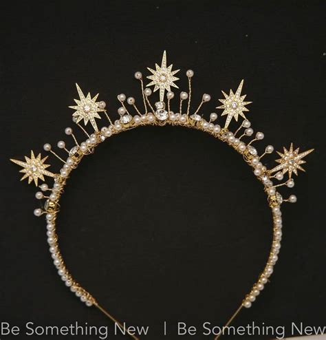 Gold Star Celestial Wedding Crown Rhinestone And Pearl Headpiece Metal