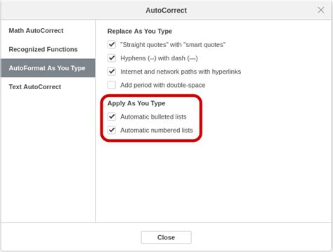 Separate Auto Format Checkbox For Numbered And Bulleted Lists English