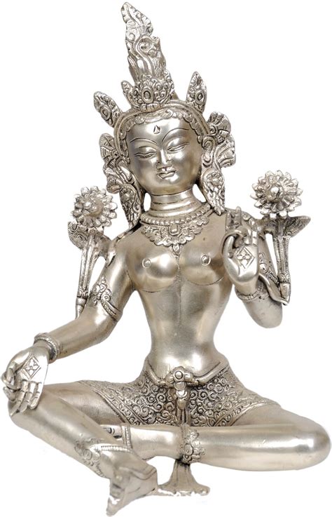 Tibetan Buddhist Goddess Green Tara In Silver Hue In Brass