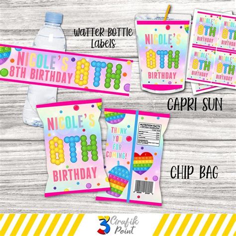 Editable Pop It Party Bundle Fidget Toy Chip Bag Pop It Birthday