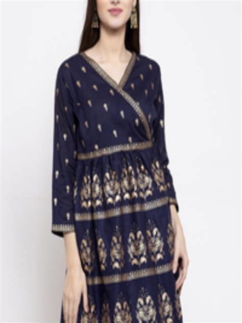 Buy Bhama Couture Women Navy Blue Golden Foil Print Angrakha Tunic