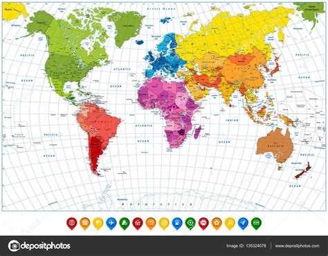 Mapa Del Mundo Detallado Spot Colors And Colorful Map Pointers Vector Gráfico Vectorial