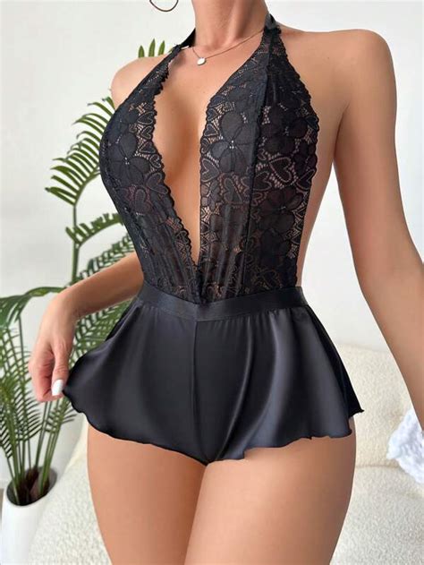 Contrast Lace Halter Neck Backless Teddy Bodysuit Shein Usa