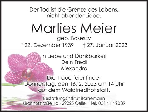 Traueranzeigen Von Marlies Meier Trauerportal Der Celleschen Zeitung