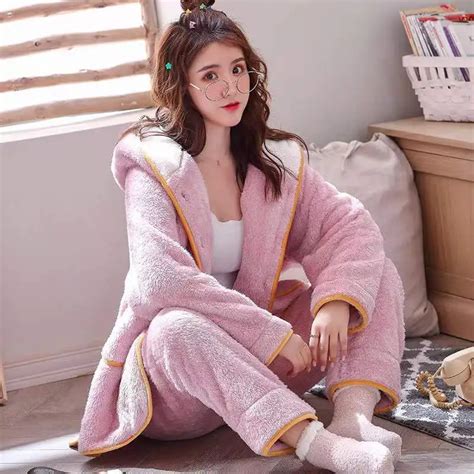 Coral Fleece Pajama Set For Women Winter Warm Flannel Pyjamas Suit