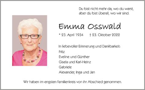 Traueranzeigen Von Emma Osswald Schwaebische De Trauerportal