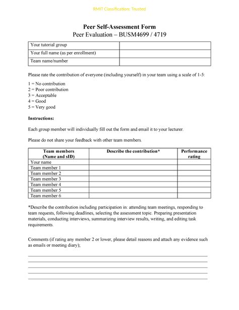 Peer Evaluation Form 2 Rmit Classification Trusted Peer Self Assessment Form Peer Evaluation