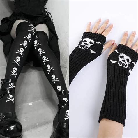 Conjunto De Guantes De Medias De Calavera Punk Para Mujer Calcetines