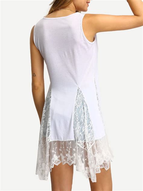 Lace Inset White Swing Tank Dress Shein Sheinside