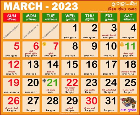 Gujarati Calendar 2023 March Vikram Samvat 2079 Fagan Chaitra