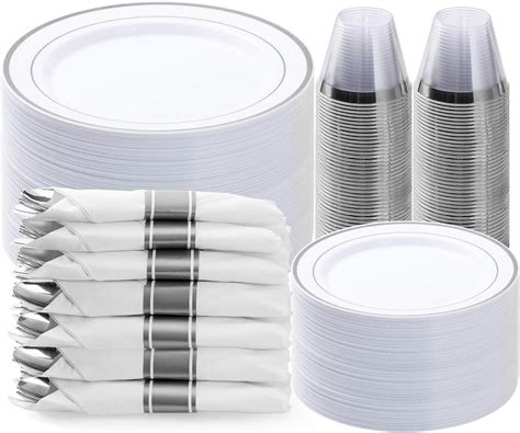 350Pcs Silver Plastic Dinnerware Set Disposable Party Plates For 50